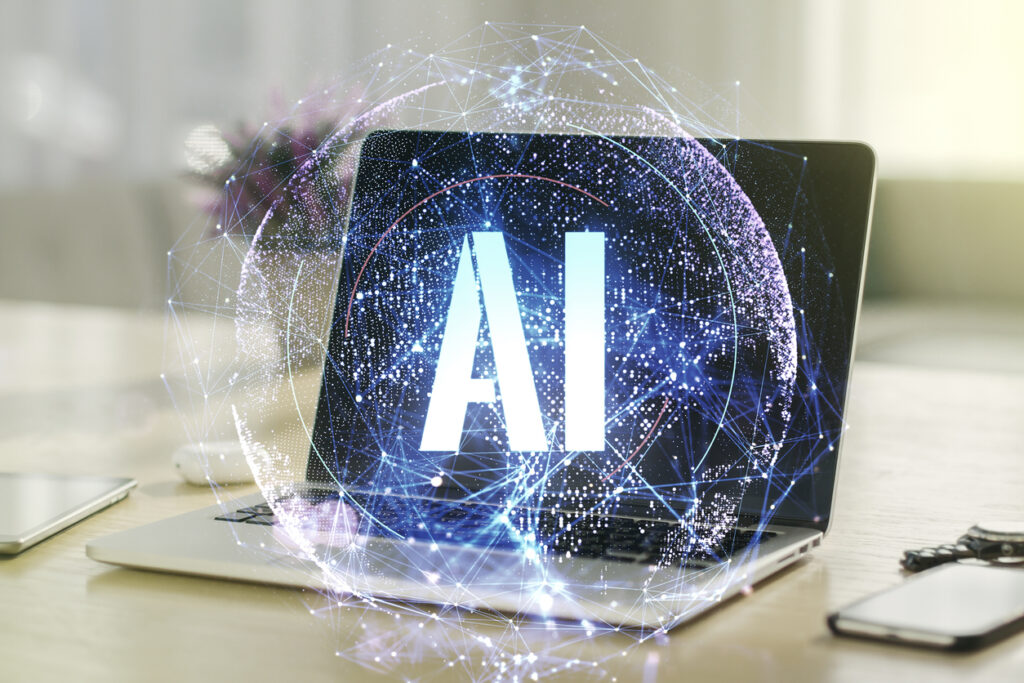 Creative-artificial-Intelligence-symbol-concept-with-modern-computer-on-background-Double-exposure