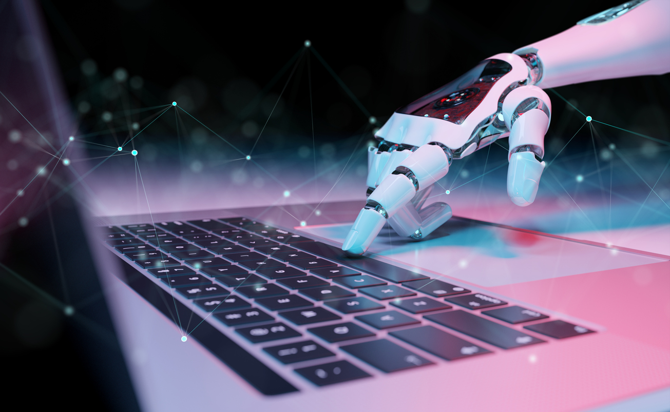 Robotic-hand-pressing-a-keyboard-on-a-laptop-3D-rendering