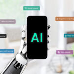 Artificial-intelligence-concept-of-smart-phone-with-AI-text-on-screen-in-robot-hand surrounded-by-artificial-intelligence-terms