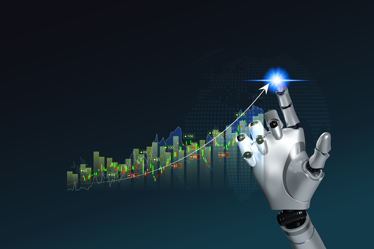 Robot-trading-concept-Robot-hand-represents-use-of-artificial-intelligence-in-trading-stocks-Coin-are-laid-out-in-graph-Inflation-is-falling-all-over-the-world-wealth-stock-investing-concept