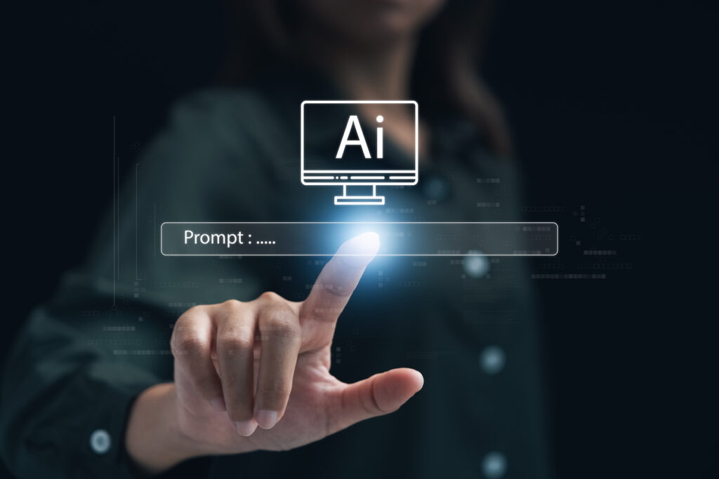 Information-services-for-businesses-using-AI-technology-artificial-intelligence-businesswoman-touching-the-AI-Prompt-box-to-enter-customer-analysis-orders-Chatbot-technology-using-AI-in-marketing