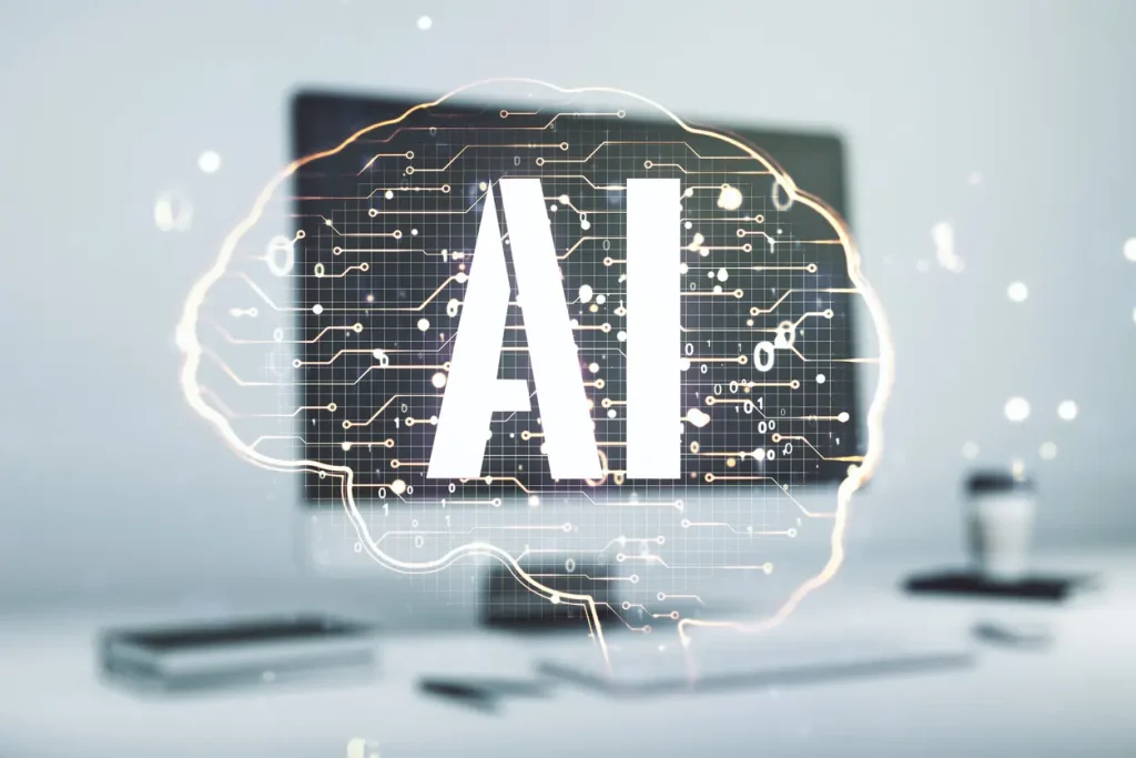 Double-exposure-of-creative-human-brain-microcircuit-with-computer-on-background-Future-technology-and-AI-concept