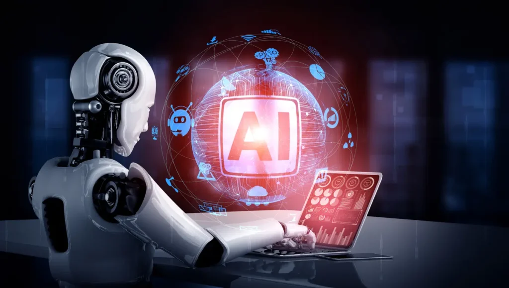 Robot-humanoid-use-laptop-and-sit-at-table-in-concept-of-AI-thinking-brain