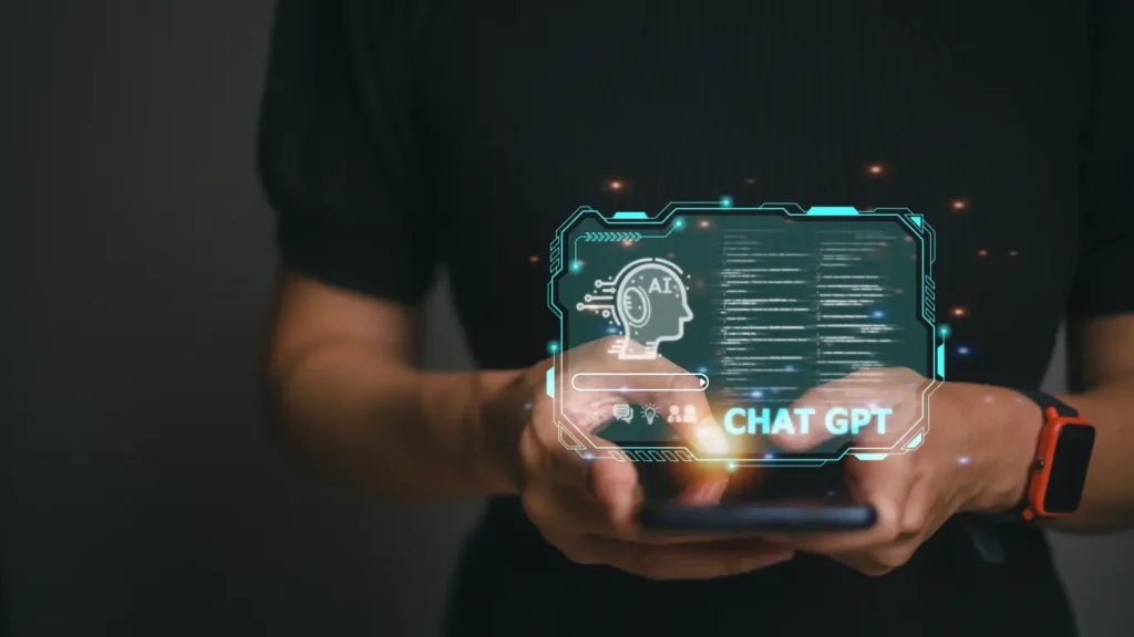 Chatbot-Chat-with-AI-Artificial-Intelligence-man-using-technology-smart-robot-AI-artificial-intelligence-by-enter-command-prompt-for-generates-something-Futuristic-technology-transformation
