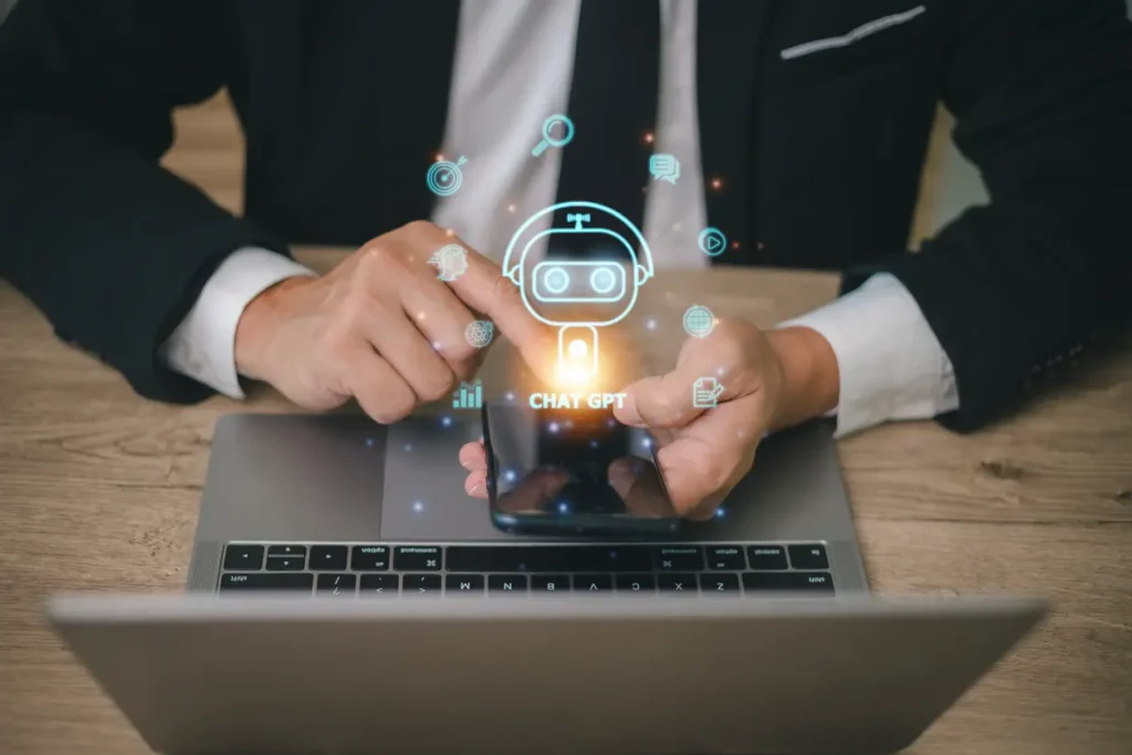 Chatbot-Chat-with-AI-Artificial-Intelligence-man-using-technology-smart-robot-AI-artificial-intelligence-by-enter-command-prompt-for-generates-something-Futuristic-technology-transformation