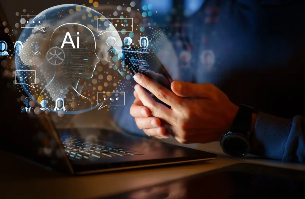 Computer-and-hands-close-up-The-concept-of-artificial-intelligence-and-computer-technology