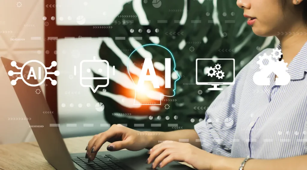 AI-learning-and-business-artificial-intelligence-businesswoman-working-on-laptop