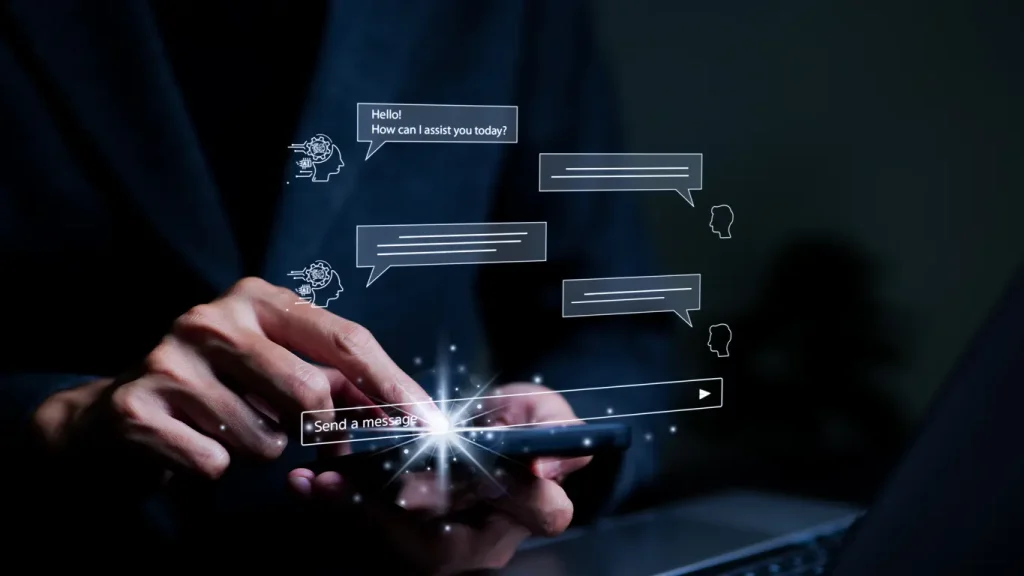 A-man-using-a-smartphone-chatting-with-an-intelligent-artificial-intelligence-asks-for-the-answers-he-wants-Chat-with-AI-Artificial-Intelligence-by-enter-command-prompt-for-generates-AI