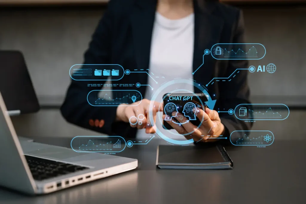 Woman-using-chatbot-in-computer-and-tablet-smart-intelligence-Ai-AI-Chat-with-AI-Artificial-Intelligence-developed-by-OpenAI-generate-Futuristic-technology-robot-in-online-system-in-office