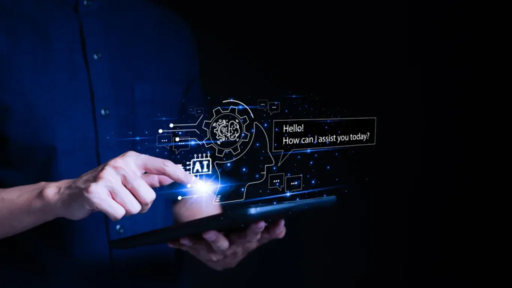 AI-Chat-with-AI-Artificial-Intelligence-Man-using-a-smartphone-chatting-with-an-intelligent-artificial-intelligence-asks-for-the-answers-he-wants-by-enter-command-prompt-for-generates
