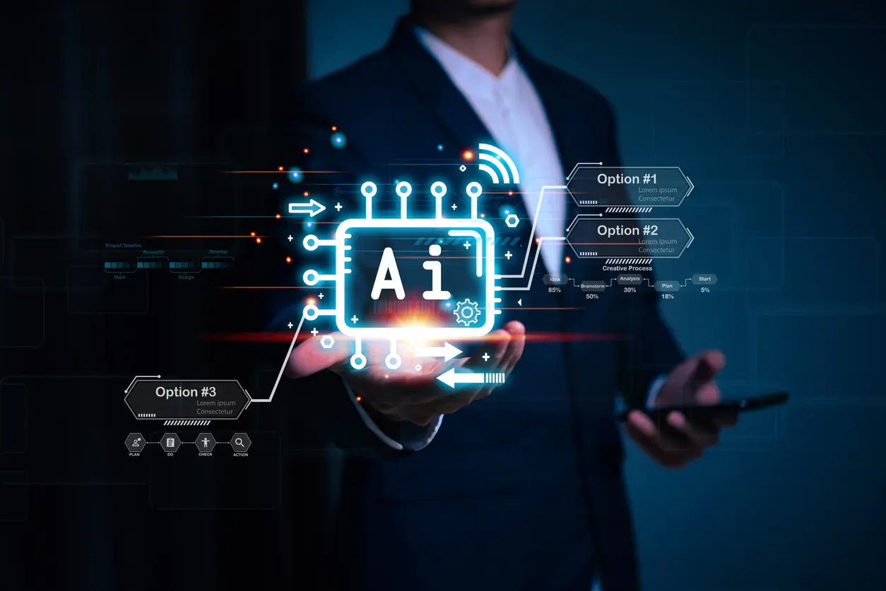 Businessman-holding-hologram-Ai-Chat-system-virtual-icon-intelligence-Ai-Chat-with-AI-Artificial-Intelligence-Futuristic-technology-robot-in-online-system