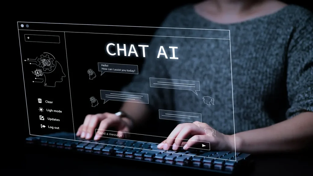 Woman-using-a-computer-chatting-with-an-intelligent-artificial-intelligence-asks-for-the-answers-he-wants-AI-Chat-with-AI-or-Artificial-Intelligence-technology-Smart-assistant-AI-to-help-work