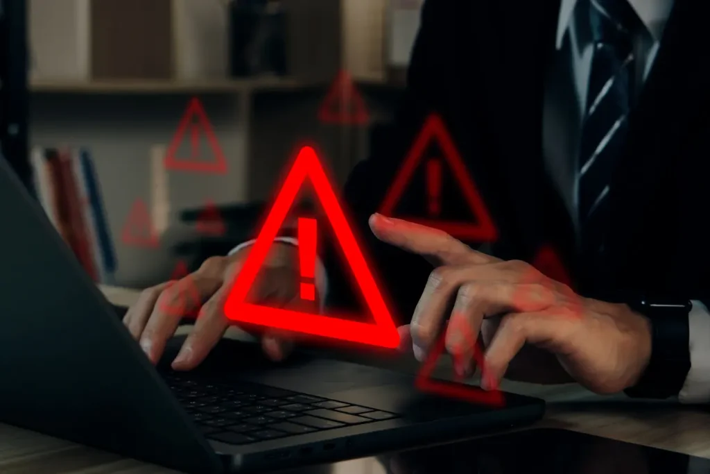 Businessman-using-computer-laptop-with-warning-sign-Notification-error-and-virus-detection-spyware-Internet-network-security-concept-Computer-related-crime-act