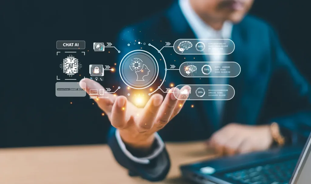 Businessman-show-robot-virtual-graphic-Global-Internet-web-connect-Command-prompt-Chat-AI-cpu-for-developer-business-Artificial-Intelligence-computer-technology-transformation-Ai-bot-tech-concept