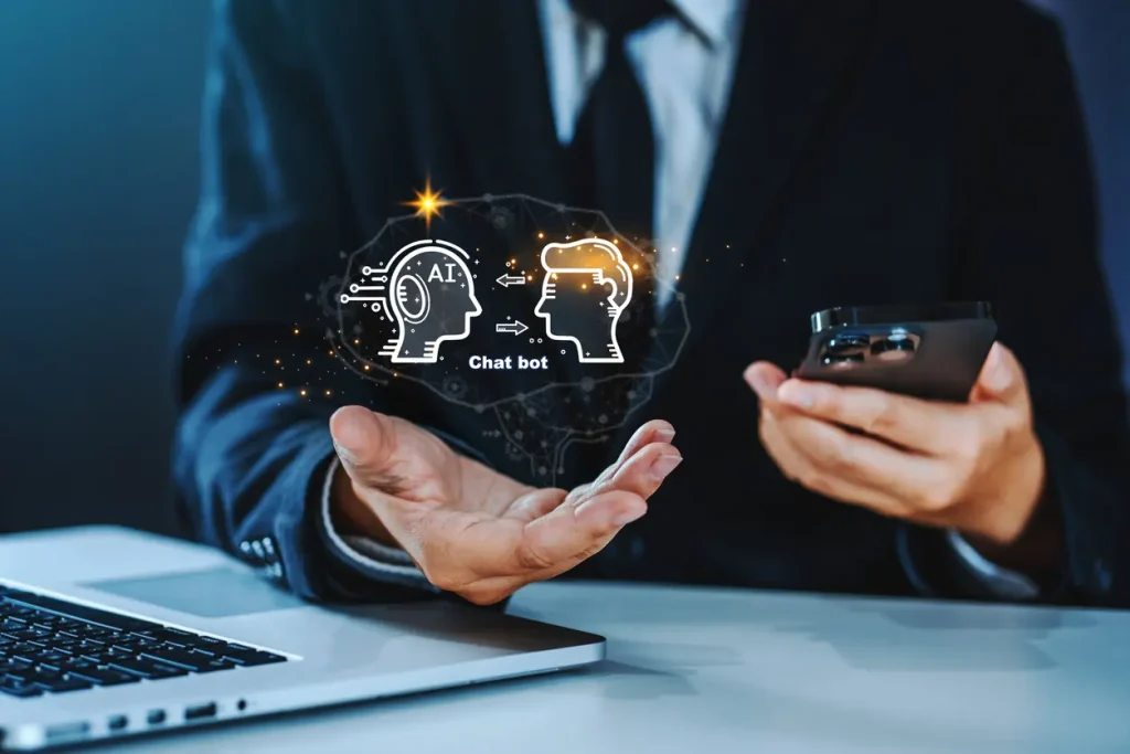 Chatbot-chat-AI-concept-artificial-intelligence-Businessman-using-AI-smart-robot-technology-inputting-commands-Futuristic-technology-transformation