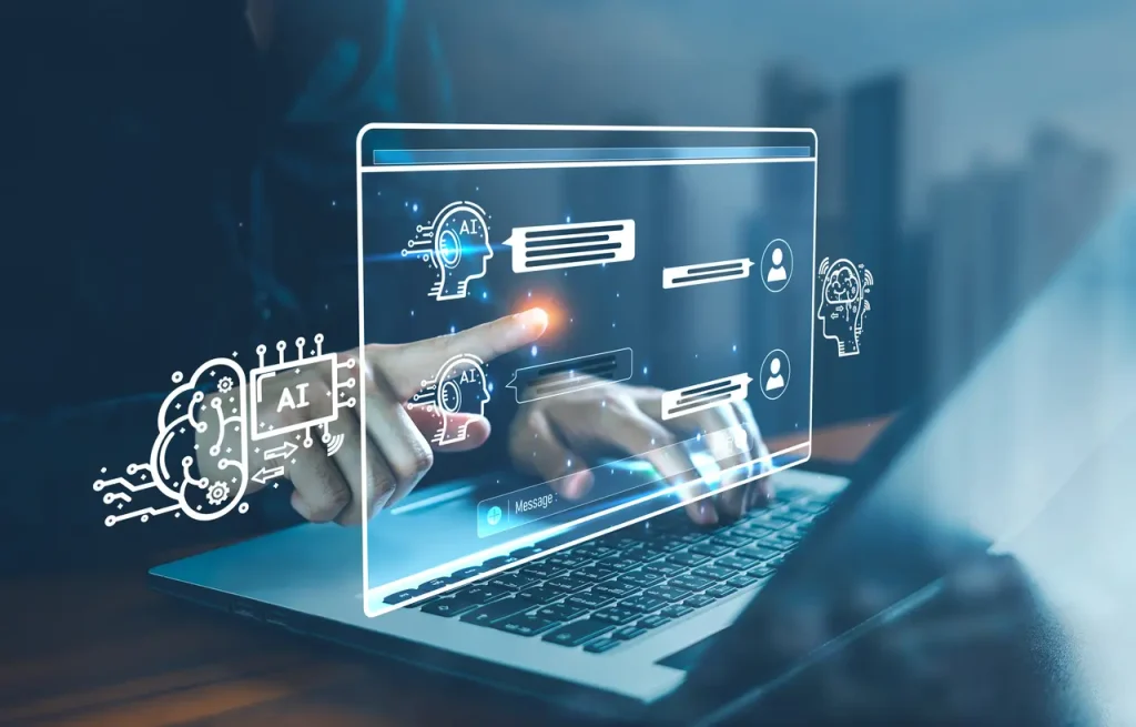 AI-chatbot-conversation-using-artificial-intelligence-technology-smart-robot-AI-Generative-AI-Answer-Businessman-using-AI-to-generate-something-Customer-support-laptop-assistant-Chat-interface