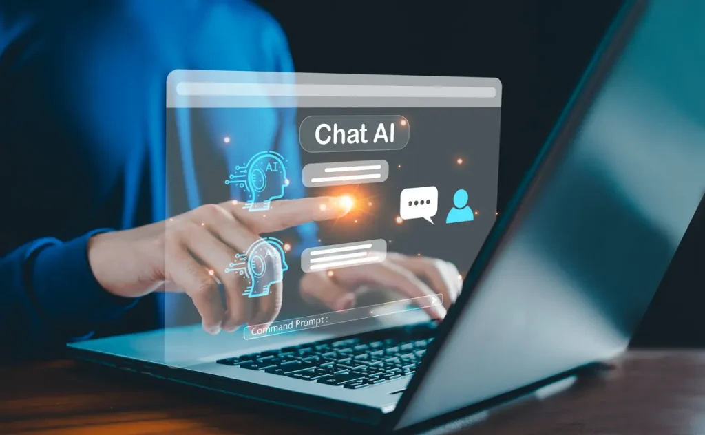 AI-chatbot-conversation-using-artificial-intelligence-technology-smart-robot-AI-Generative-AI-Answer-Businessman-using-AI-to-generate-something-Customer-support-laptop-assistant-Chat-interface