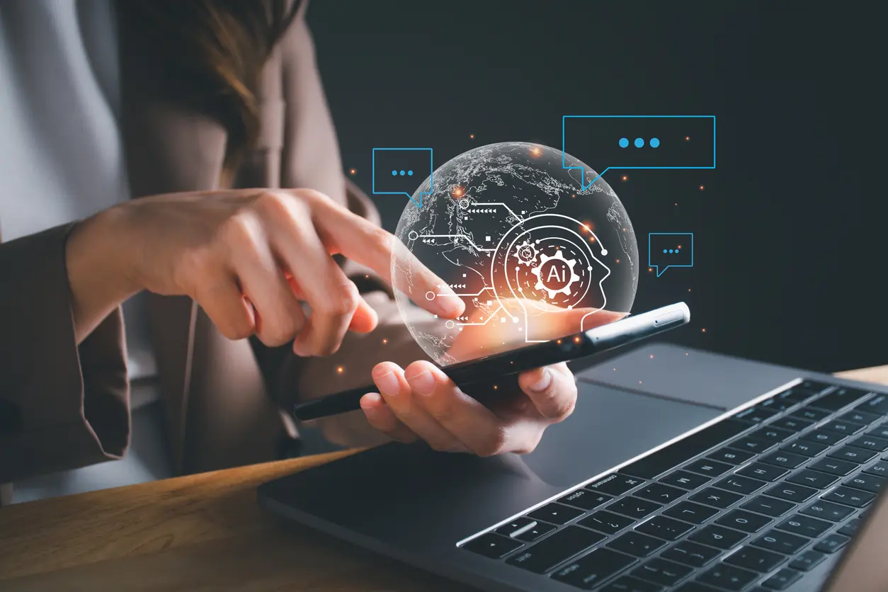 Woman-using-technology-smart-robot-AI-Artificial-intelligence-by-enter-command-prompt-for-generates-something-Chatbot-Chat-with-AI-Futuristic-Artificial-Intelligence-technology-transformation