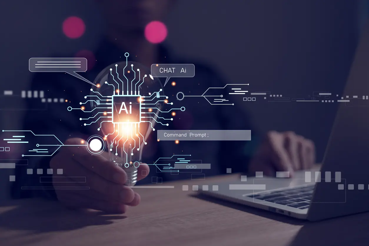 ai-businessman-showing-graphics-like-global-internet-connected-AI-gt-Chat-with-AI-artificial-intelligence-The-AI-artificial-intelligence-circuit-board-has-the-shape-of-a-PCB-circuit-symbol