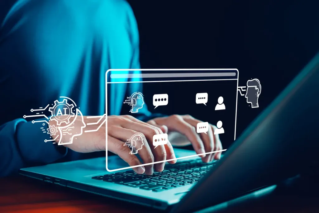 AI-chatbot-conversation-using-artificial-intelligence-technology-smart-robot-AI-Generative-AI-Answer-Businessman-using-AI-to-generate-something-Customer-support-laptop-assistant-Chat-interface