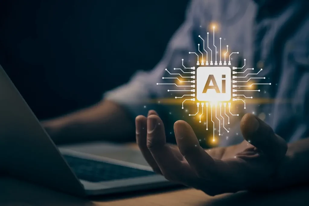 Yellow-Ai-Technology-or-Artificial-Intelligence-Concept-Microchip-and-Circuit-Line-Ai-Artificial-Intelligence-Icon-on-Businessmans-Hand-work-With-Laptop-Computer-in-Vintage