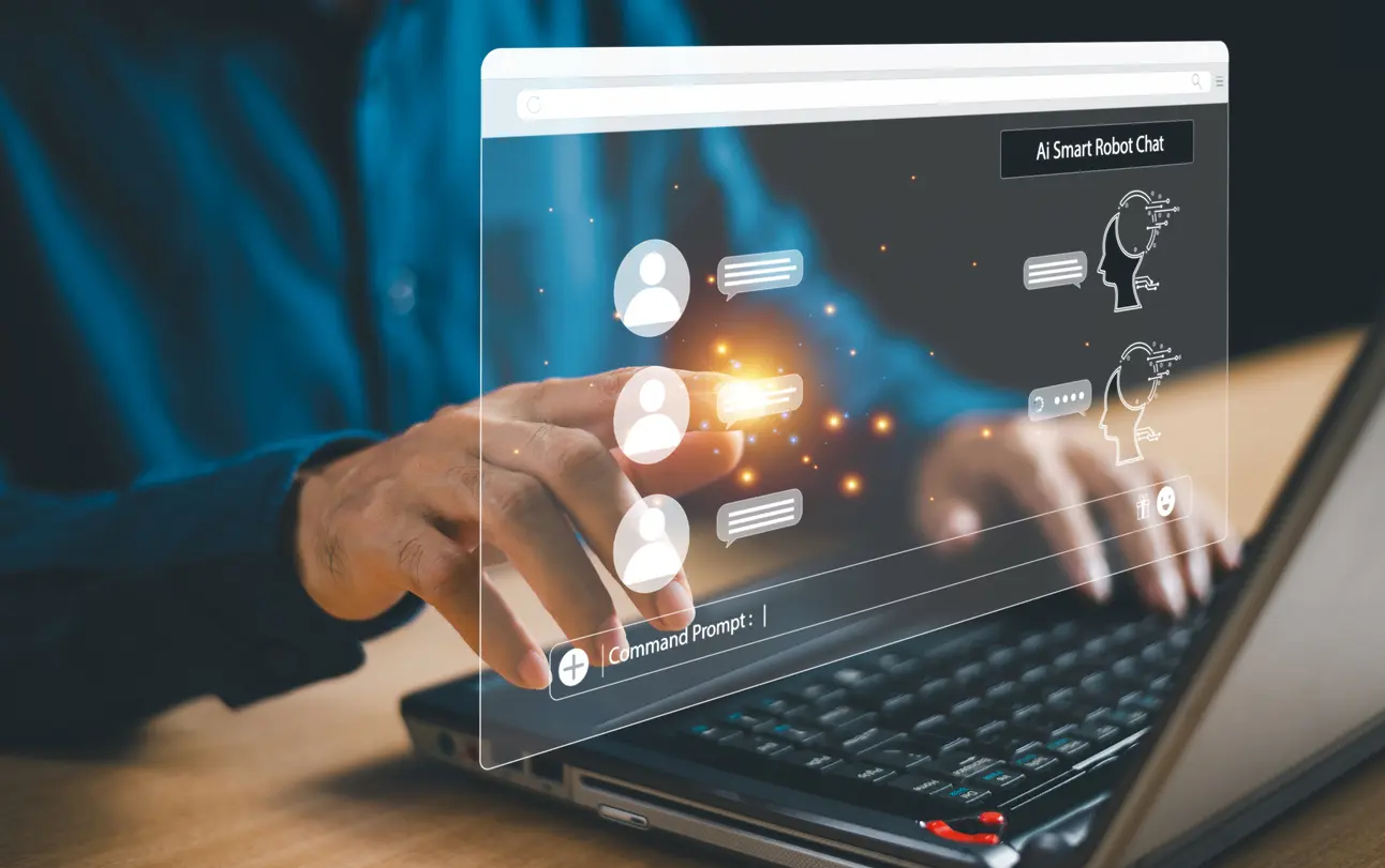 Modern-business-connect-command-prompt-smart-Ai-robot-digital-computer-concept-Website-software-Chat-AI-conversation-support-customer-Tech-assistant-message-Artificial-Intelligence-bot-technology