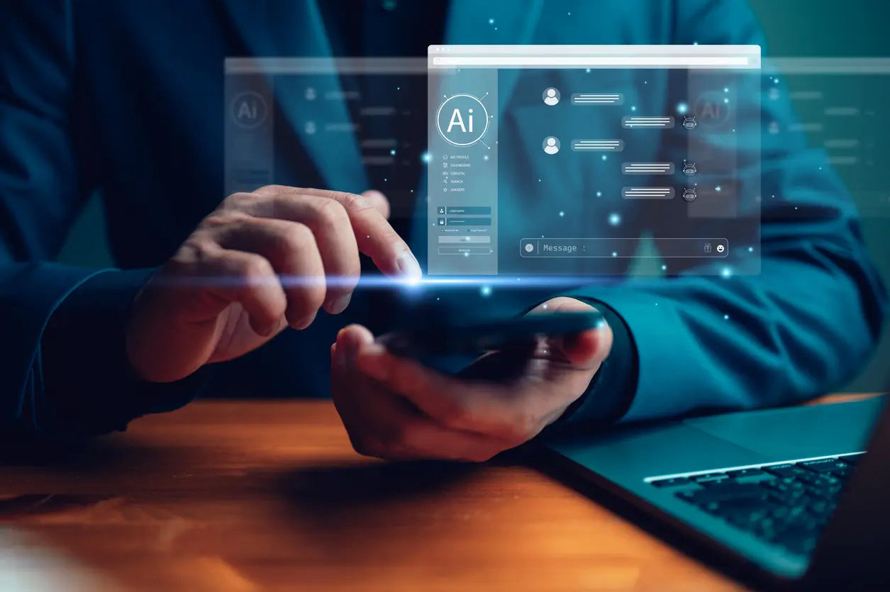 Ai-tech-assistant-secretary-businessman-with-Global-Internet-connect-Chat-with-AI-Artificial-Intelligence-Using-command-prompt-for-generates-something-Futuristic-technology-transformation