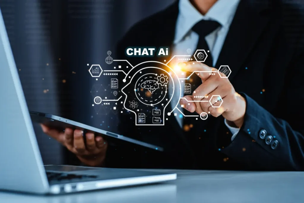 Chatbot-chat-AI-concept-artificial-intelligence-Businessman-using-AI-smart-robot-technology-inputting-commands-Futuristic-technology-transformation