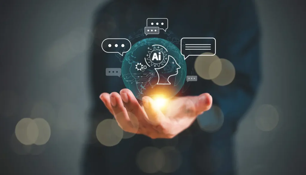 Ai-bot-business-technology-concept-Artificial-Intelligence-tech-Human-chat-with-robot-in-virtual-global-communication-hologram-on-hand-man-Chatbot-conversation-for-company-development-service-app