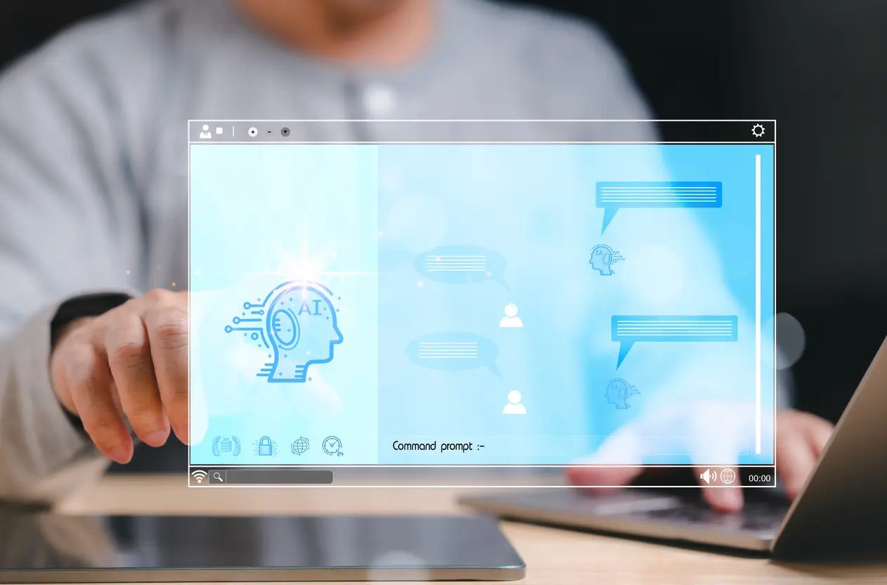 A-man-is-pointing-at-a-screen-with-a-AI-and-a-message-that-says-Command-Prompt-Concept-of-control-ai-as-the-man-is-directing-the-attention-to-the-chat-message